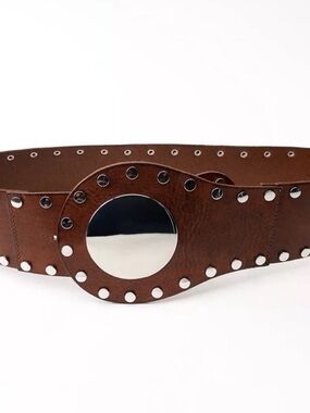 Zara Brown Leather Wide Belt with Polished Silver Disc